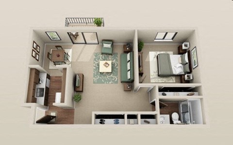 a 3d floor plan of a small apartment